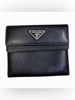 Prada Black Saffiano Leather Men's Snap Flap Wallet with Triangle Logo